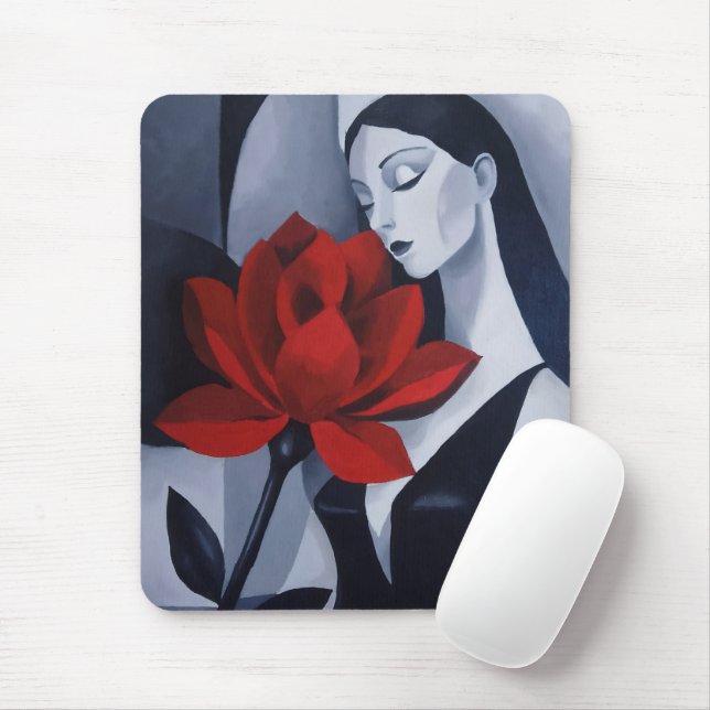 Mousepad Arte Moderna Mulher com Rosa Vermelha (Com mouse)
