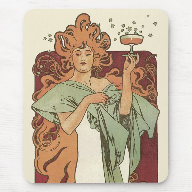 Mousepad Arte Nova Antiga, Champanhe por Alphonse Mucha (Frente)