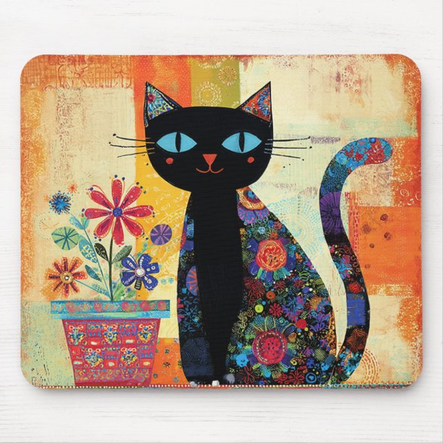 Mousepad Arte Popular de Gato Preto (Frente)