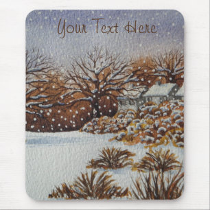 Mousepad Arte rural da cena da neve das casas de campo do