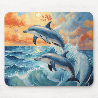 Mousepad Artístico Dois Golfinhos Saltantes Oceano Sunset