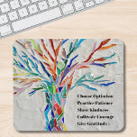 Mousepad Árvore de Cotação Motivacional Inspiracional<br><div class="desc">Este mouse decorativo apresenta uma árvore de mosaico em cores do arco-íris e uma citação inspiradora. Porque nós criamos nosso próprio trabalho de arte você não encontrará essa imagem exata de outros designers. Mosaico original © Michele Davies. Citação original © Michele Davies.</div>