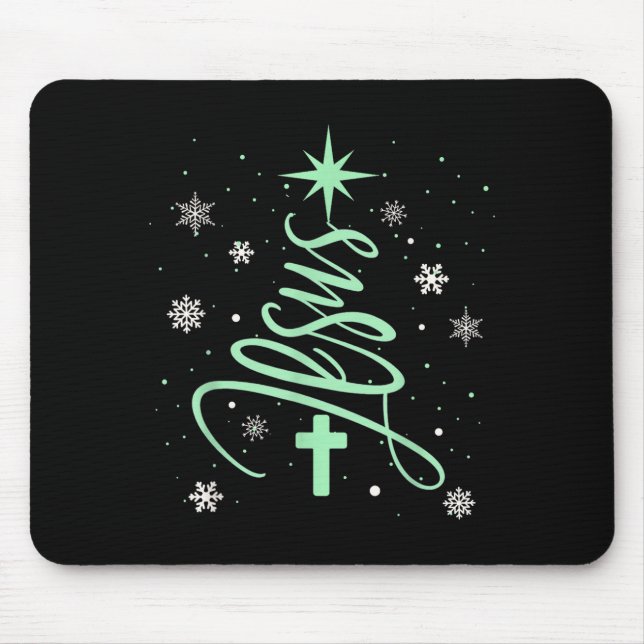 Mousepad Árvore de Jesus Natal Cristão Fé Flocos de Neve Cr (Frente)