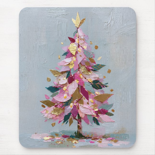 Mousepad Árvore de Natal Abstrata Rosa e Dourada em Impasto (Frente)