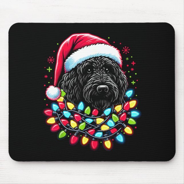 Mousepad Árvore de Natal Black Labradoodle Luzes de Natal D (Frente)