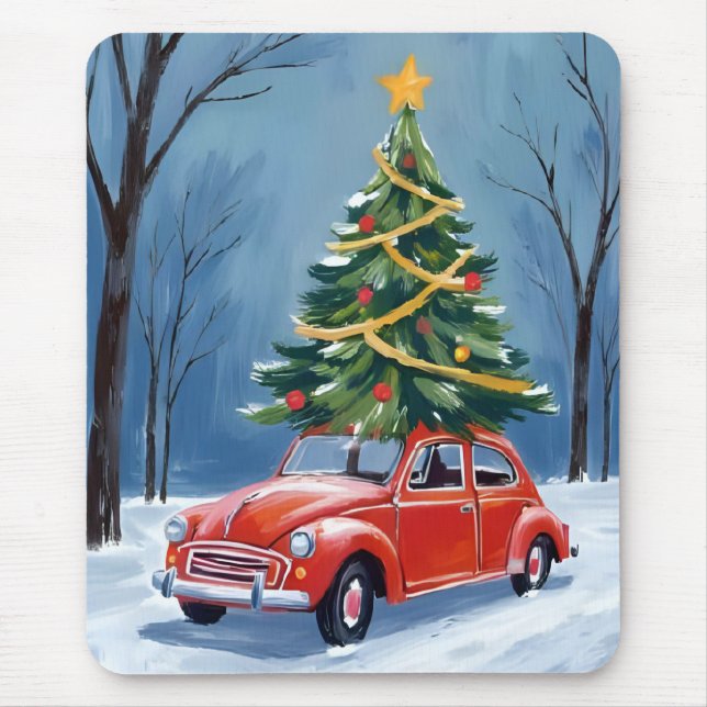 Mousepad Árvore de Natal de Carro Vermelho Antigo (Frente)