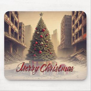 Mousepad Árvore de Natal entre Ruínas Feliz Natal