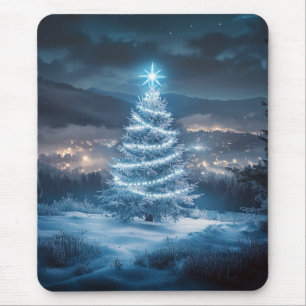Mousepad Árvore de Natal Noturna Brilhante Azul