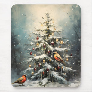 Mousepad Árvore de Natal Rústica de Inverno Pássaros Vermel