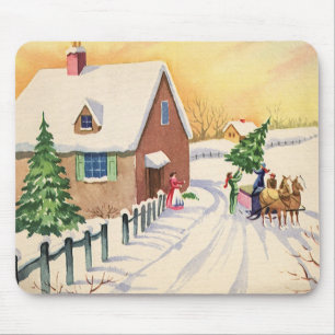 Mousepad Árvore natal vintage em uma estrada Snowy Winter