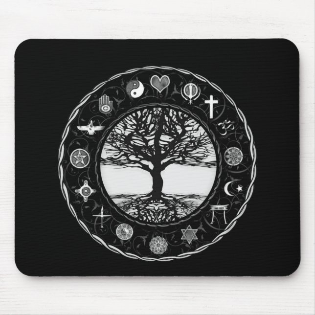 Mousepad Árvore preto e branco das religiões do mundo (Frente)