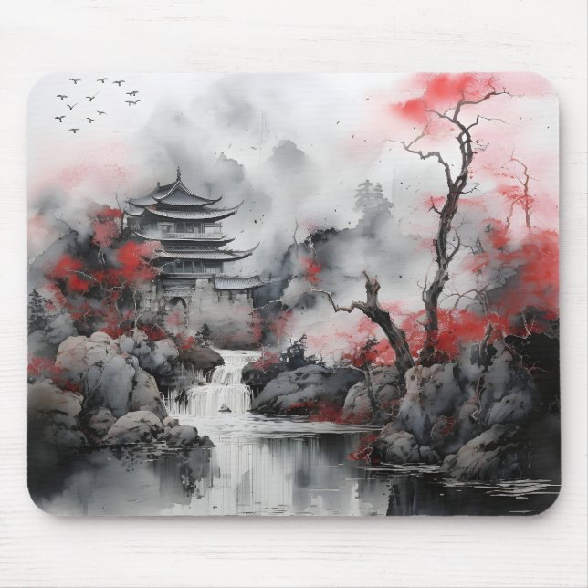 Mousepad Árvore Vermelha e Casa Asiática (Frente)
