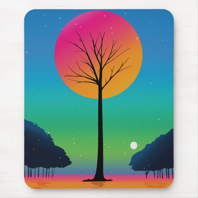 Mousepad Árvore Vibrante Sob um Céu de Arco-íris Cósmico (Frente)