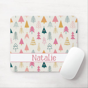 Mousepad Árvores de Natal Lindas Padrão Rosa Corado Nome