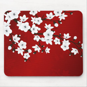 Mousepad Asia Floral White Chersom Red