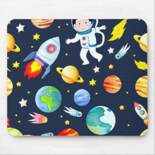 Mousepad Astronauta no Espaço Padrão de Planetas e Foguetes