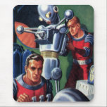 Mousepad Astronautas Vintage Science Fiction consertando um<br><div class="desc">Ilustração vintage: aliens futuristas de ficção científica e imagem de robôs apresentando um homem trabalhando em seu robô metálico. Um astronauta é um piloto que controla os controles do seu foguete. Retro clássico com estilo cômico de 50 s design de ficção científica.</div>