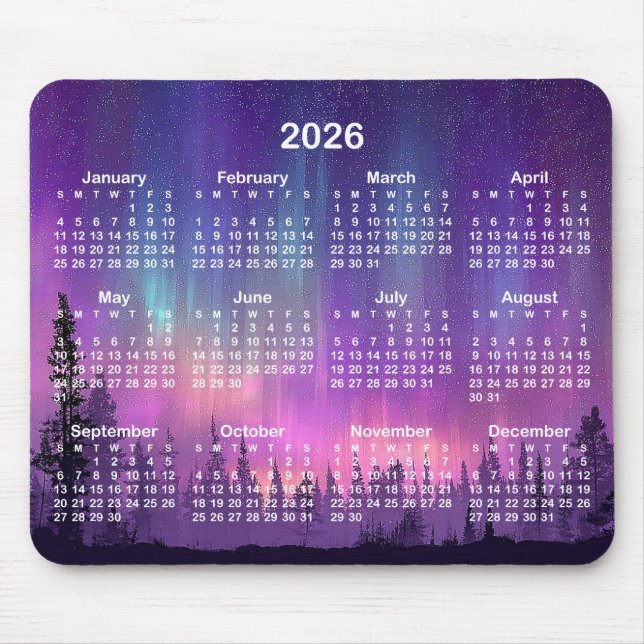 Mousepad Aurora Boreal Rosa e Roxa Calendário 2026 (Frente)