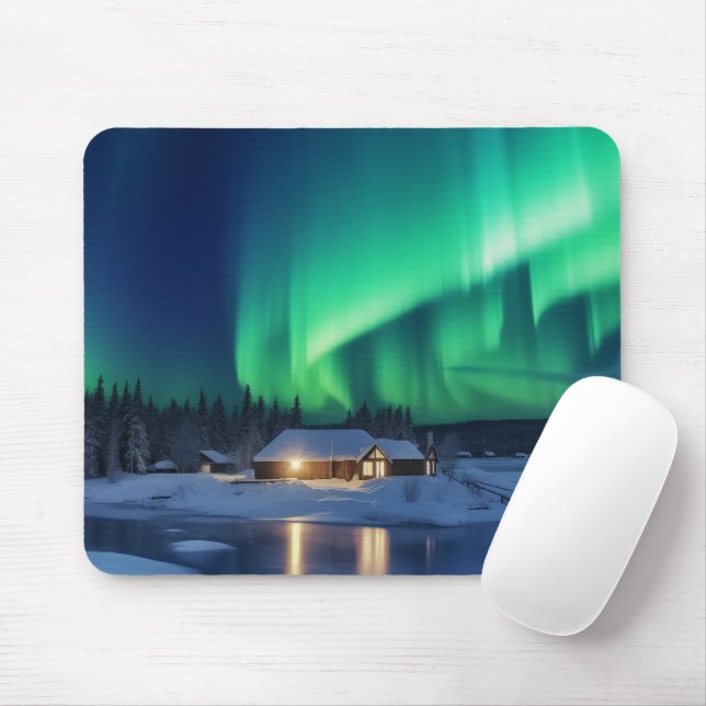 Mousepad Aurora borealis sobre a cabana de inverno (Com mouse)