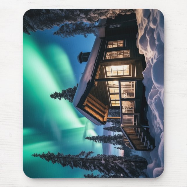 Mousepad Aurora borealis sobre a cabana de inverno (Frente)