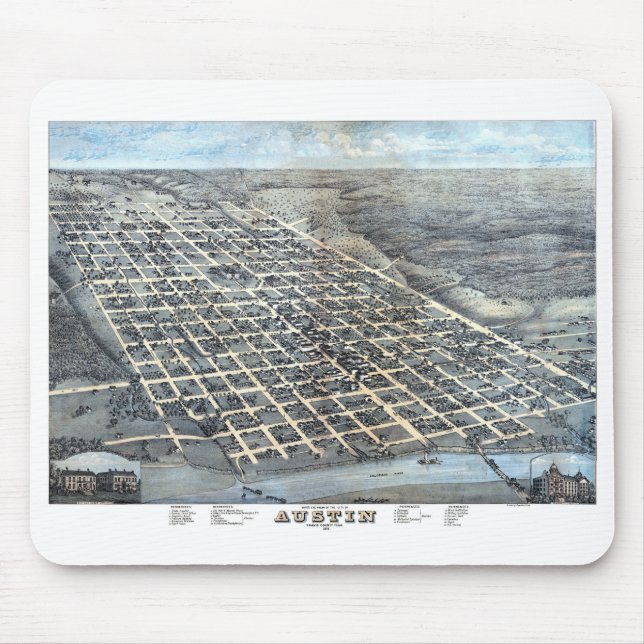 Mousepad Austin, Texas Antique Aerial City Map de 1873 (Frente)