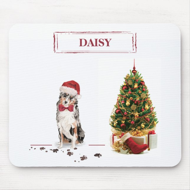 Mousepad Australian Shepherd engraçado de Natal com árvore (Frente)