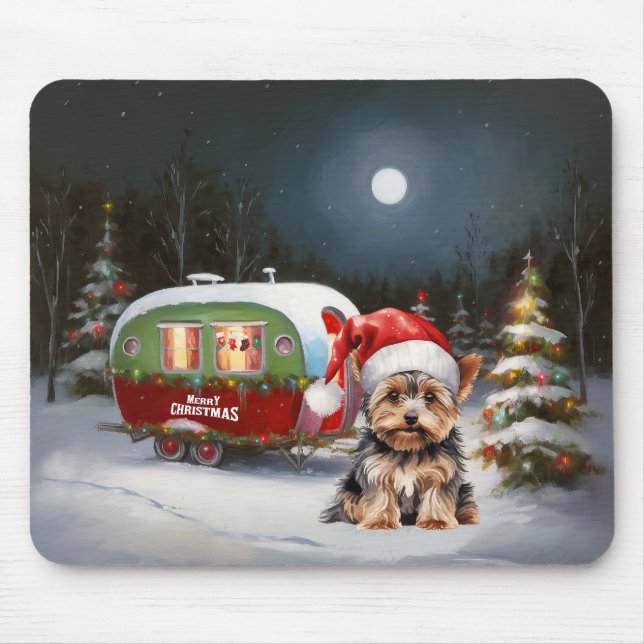 Mousepad Aventura de Natal na Caravana do Yorkshire Terrier (Frente)