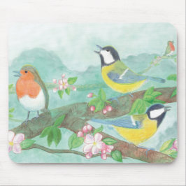 Mousepad Aves cantam em um galho de árvores florescente na