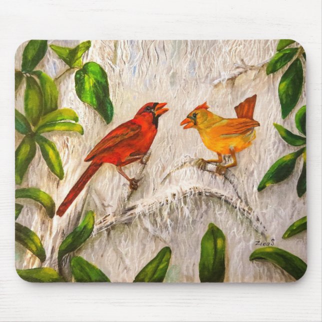 Mousepad Aves cardinas, vermelhas e laranja (Frente)