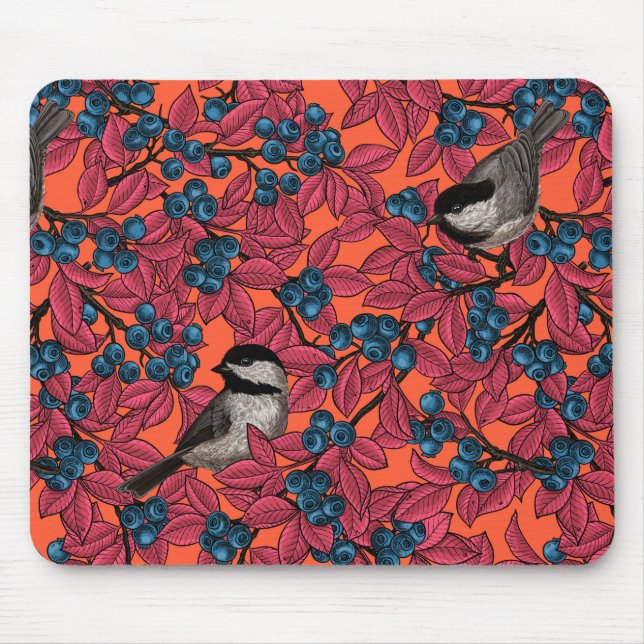 Mousepad Aves de frango em ramos de mirtilo em laranja (Frente)