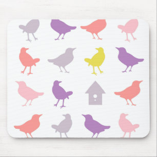 Mousepad Aves de Pastel, rosa e roxo, com casa de aves