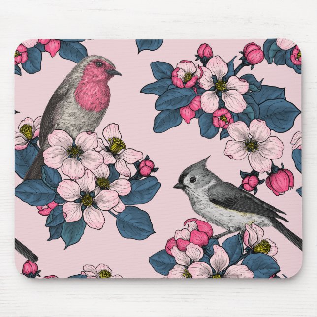 Mousepad Aves e Blossomas a rosa (Frente)