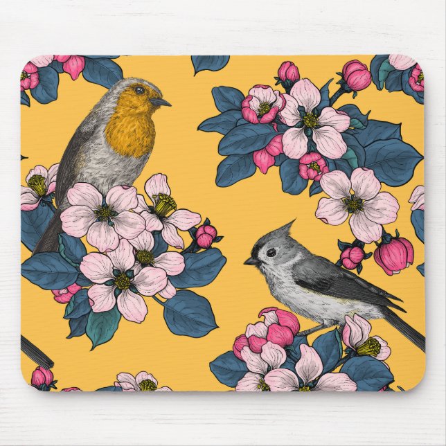 Mousepad Aves e Blossomas em amarelo (Frente)