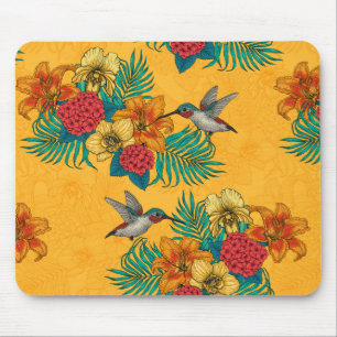 Mousepad Aves e buquês tropicais em amarelo