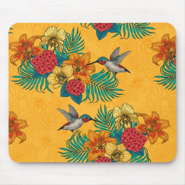 Mousepad Aves e buquês tropicais em amarelo (Frente)