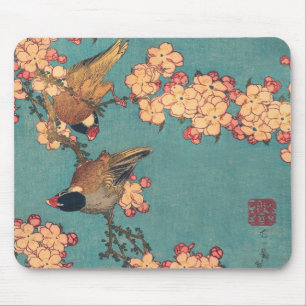 Mousepad Aves e Flores Arte Japonesa Floral Rosa