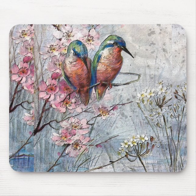 Mousepad Aves e Flores Azuis bonito Pintadas (Frente)