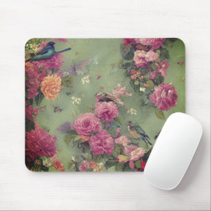 Mousepad Aves e Rosas Rosa Vintage Sage Floral Verde