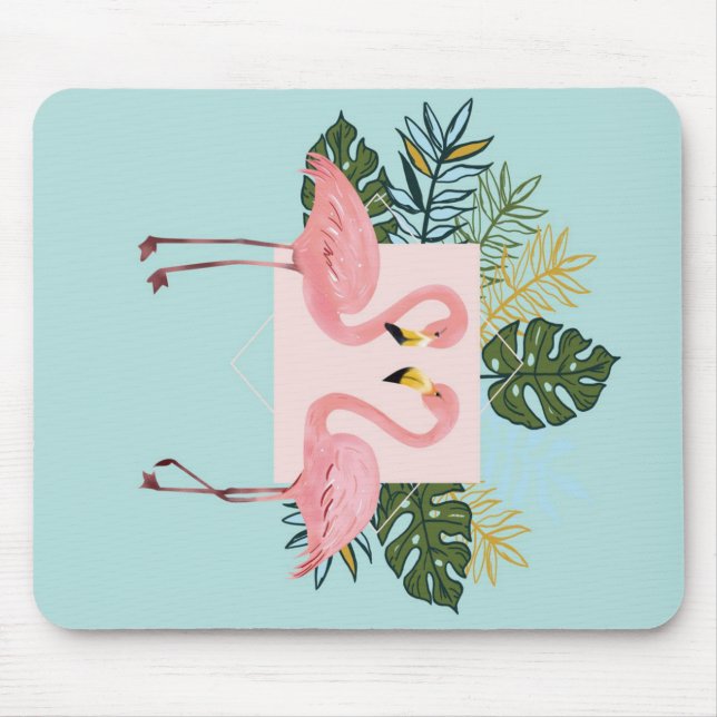 Mousepad Aves Flamingo Com Folhas | Folhas Flamingo Palm (Frente)