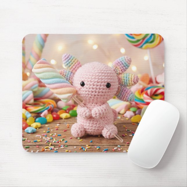 Mousepad Axolote Rosa Crochê Doce Marshmallow Candy   (Com mouse)