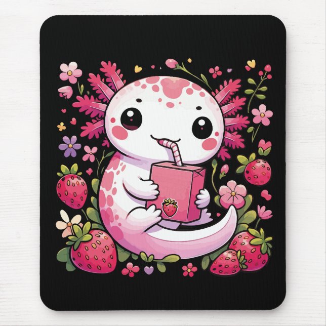Mousepad Axolotl Bebendo Japonês Leite de Morango (Frente)