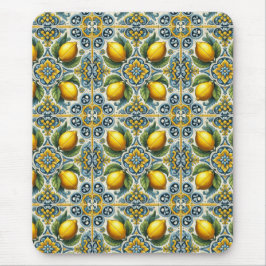 Mousepad Azul Amarelo Capri Limão Padrão de Azulejo Mediter