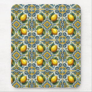 Mousepad Azul Amarelo Capri Limão Padrão de Azulejo Mediter