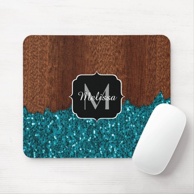 Mousepad Azul-aqua faísca lenha-marrom-russa Monograma (Com mouse)