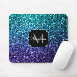 Mousepad Azul Aqua Ombre faux glitter farelos Monograma