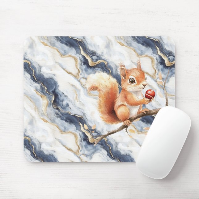 Mousepad Azul Branco Dourado Abstrato Esquilo Maçã (Com mouse)