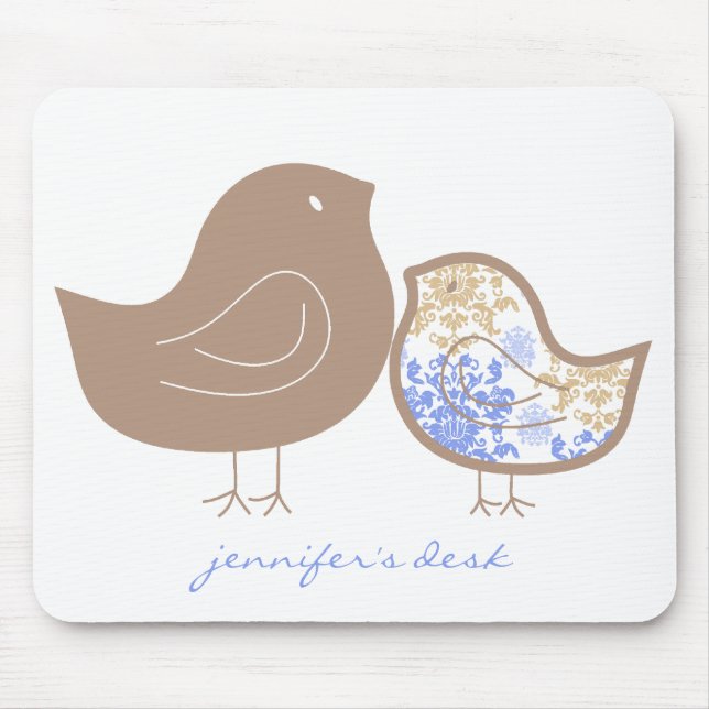 Mousepad Azul Caprichoso Damasco Mamãe e Frango Bebê Menino (Frente)