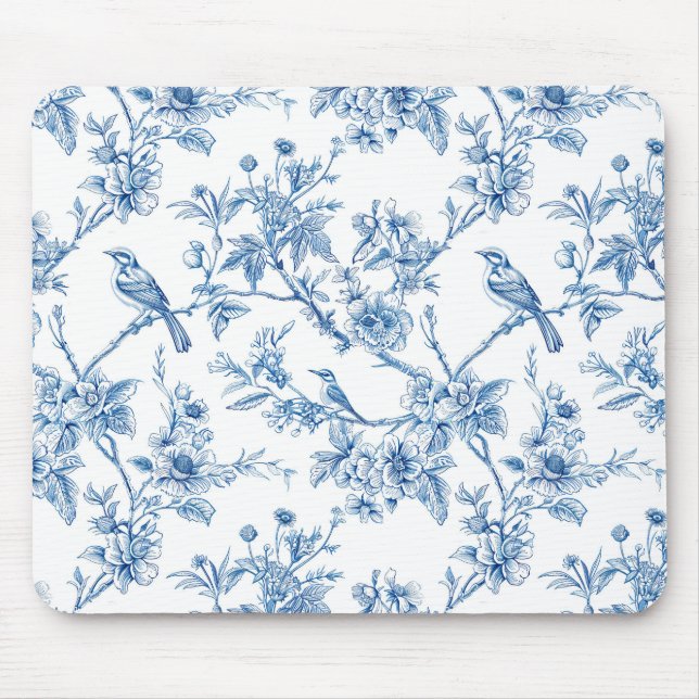 Mousepad Azul e Branco Chinoiserie Floral Aves (Frente)