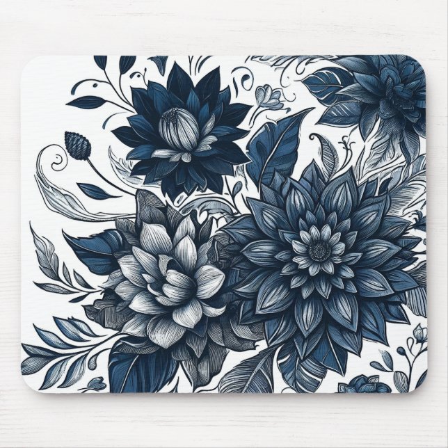 Mousepad Azul e Branco Estampa Floral Boêmia (Frente)
