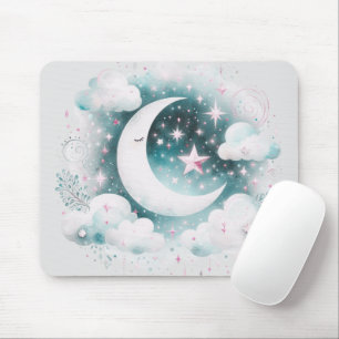 Mousepad Azul e Crescente Branco Lua Celestial Boho Moderno